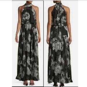 Xscape Halter Blouson Rose Floral Maxi Dress Gown Size 2